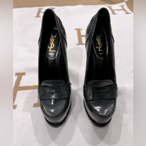 Yves Saint Laurent Black Patent Leather Loafer Platform Pumps